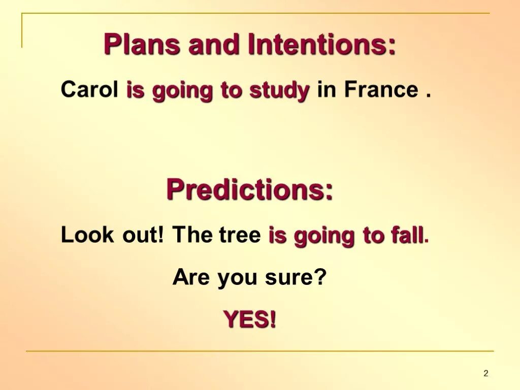 Going to Plans and predictions. Going to Plans and intentions. To be going to Plans and predictions. Be going to intention. Going to future plans