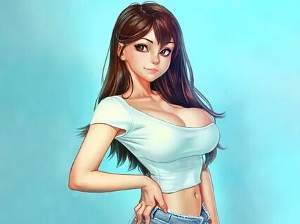 Скачать обои girl, sexy, cleavage, long hair, brown hair, brown eyes, boobs...