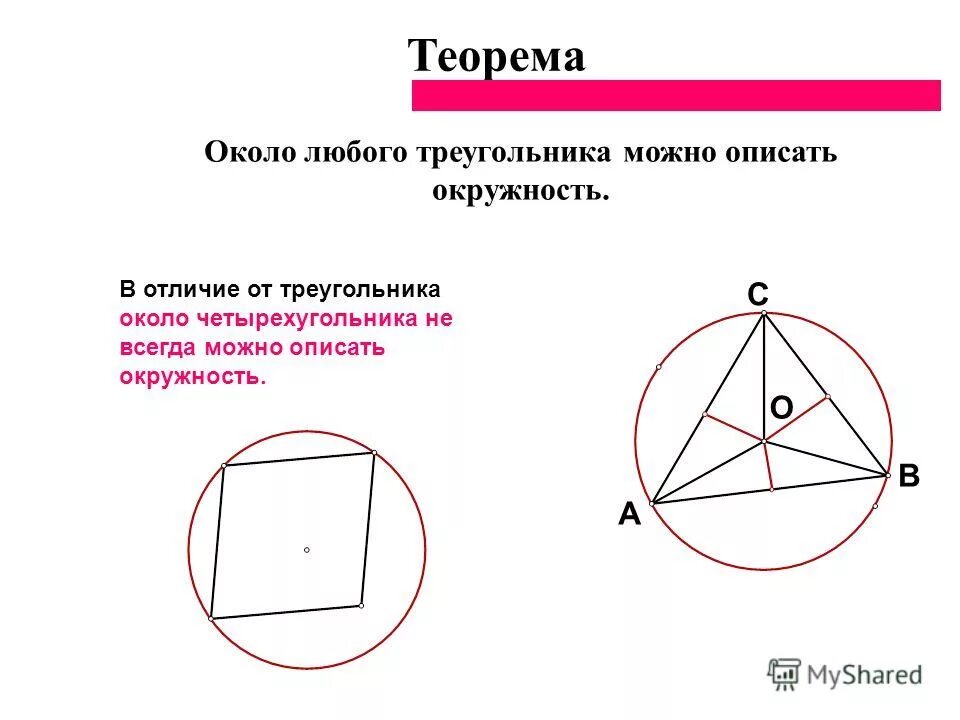 Вокруг любого треугольника можно провести окружность. Теорема об описанной окружности. Окружность вписанная и описанная около треугольника. Теорема около любого треугольника можно описать окружность. Около любого треугольника можно описать окружность.