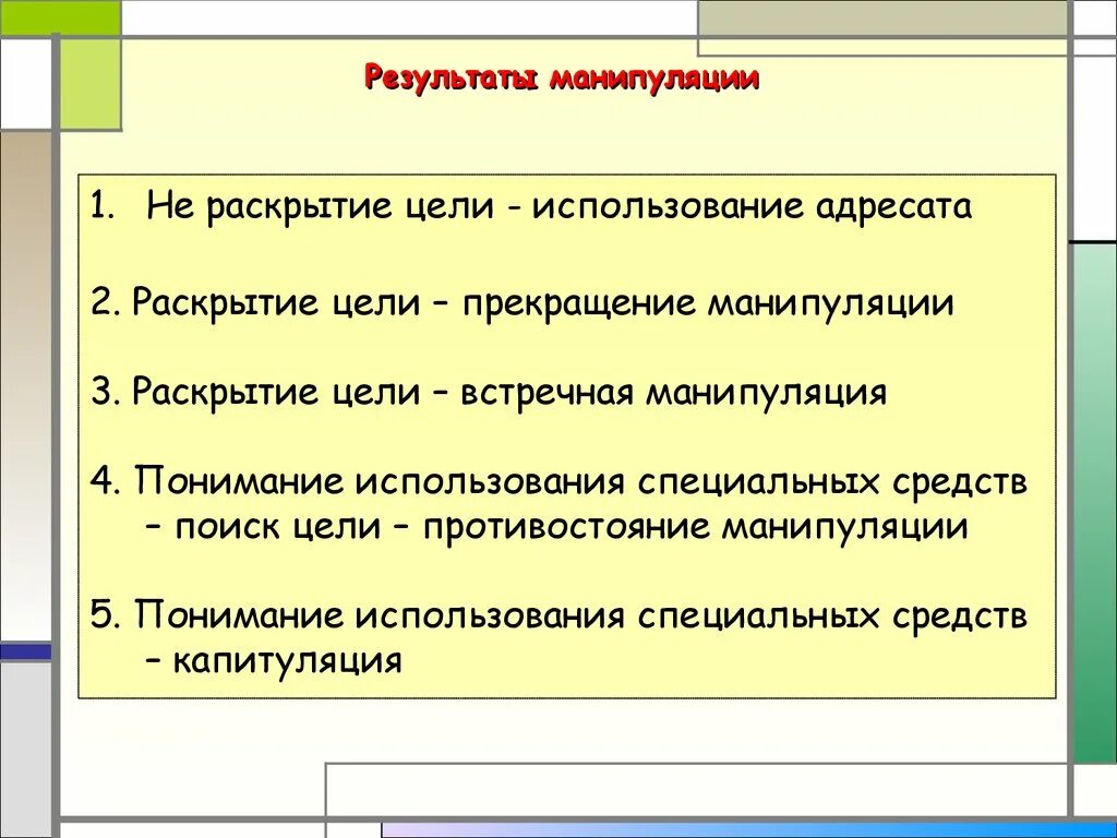 Результат манипуляции. Цель манипуляции. Метод раскрытия манипуляции -. Манипуляции в общении психология презентация.