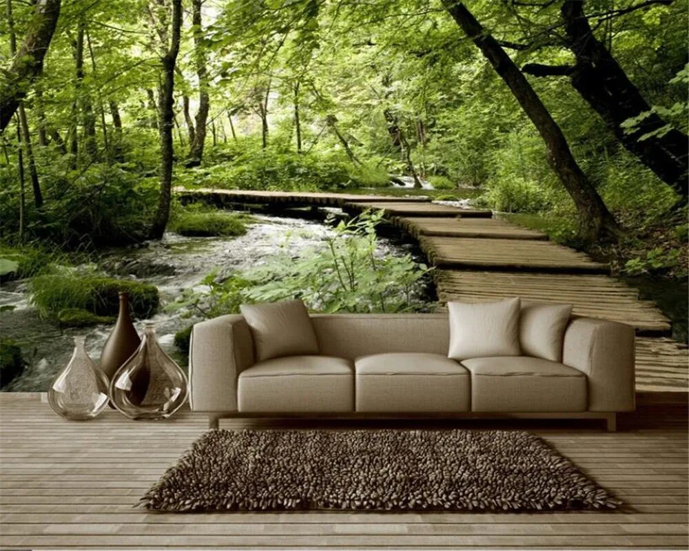 Фотообои на стену расширяющие пространство фото Custom 3D Mural Wallpaper Forest Road Living Room Sofa Bedroom TV Background Non
