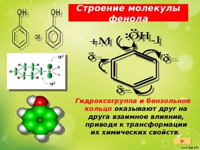 Взаимное влияние атомов в молекуле фенола. Строение молекулы фенола. строение фенолов. особенности строения молекулы фенола. фенол химическое строение.