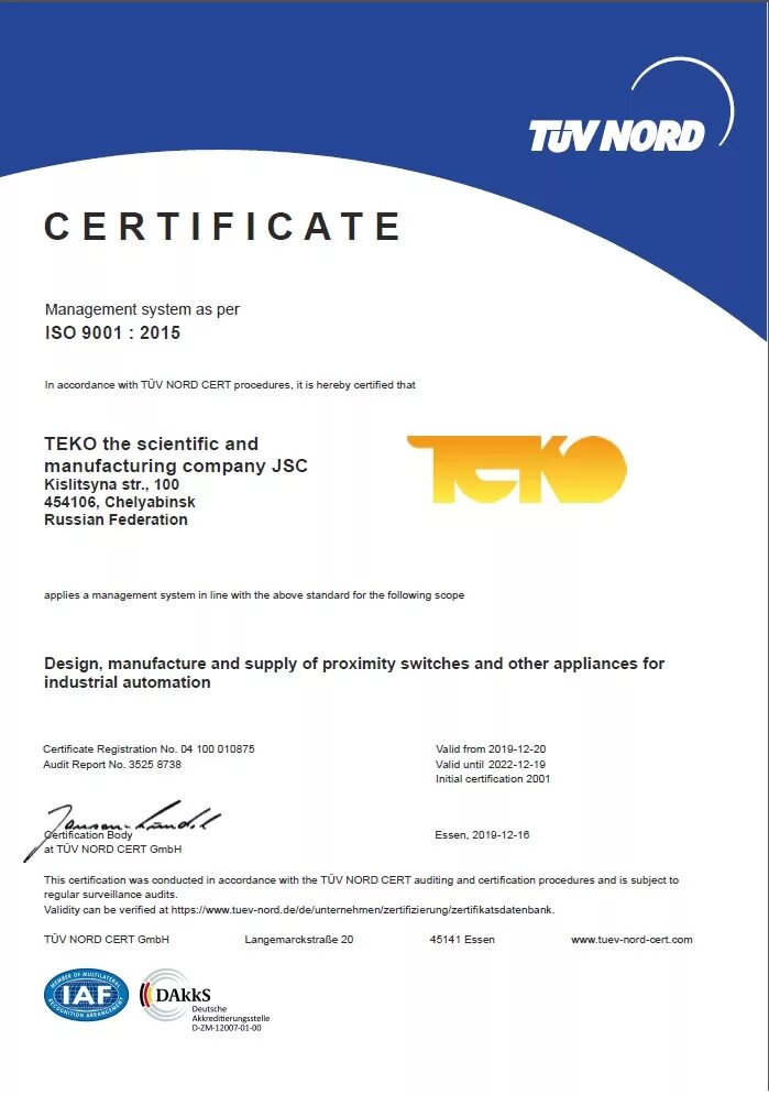 TUV Nord ISO 9001 Middle East. Liftman.