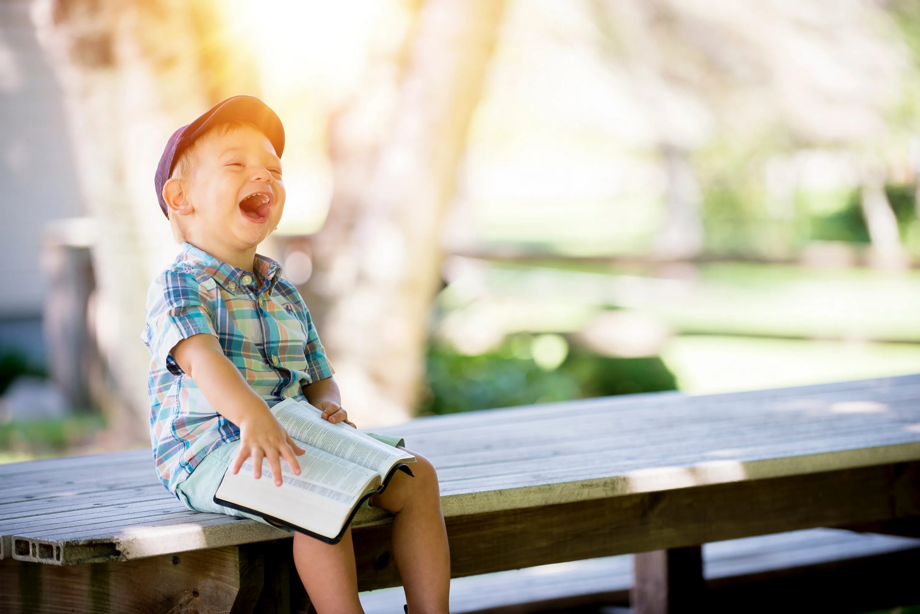 Детский смех стих. Радостный мальчик. Счастливый ребенок. Дети на скамейке. Мальчик смеется.