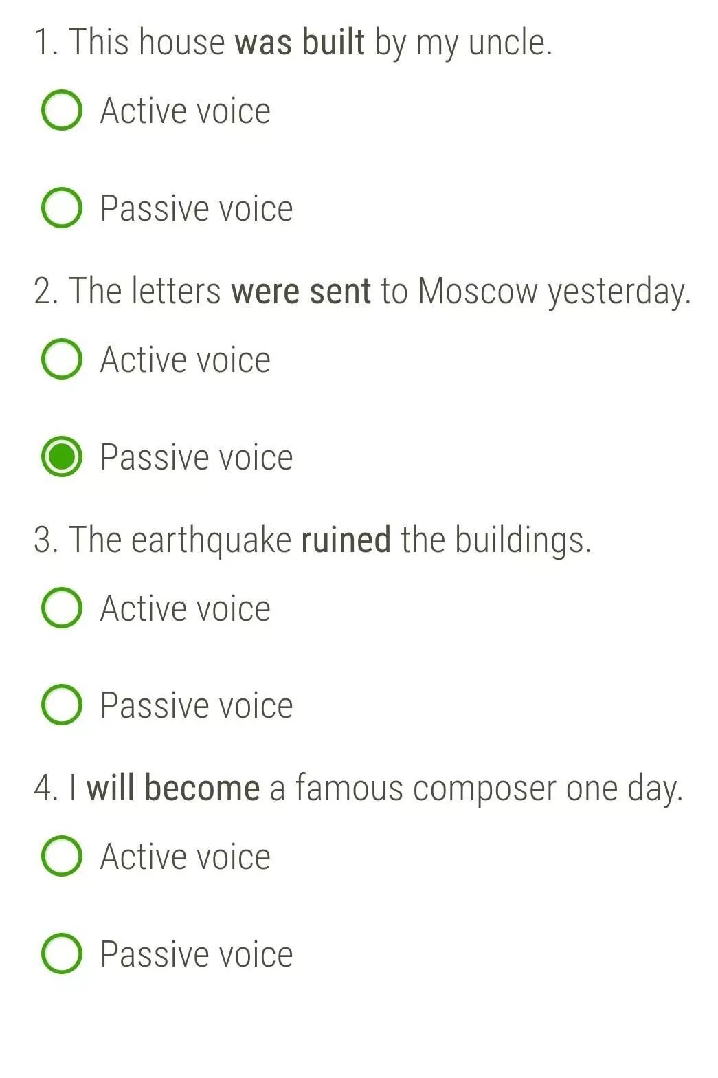 I had letters yesterday. State the Type of Voice in the sentences. Определи Тип залога в следующих предложениях. Определи Тип залога в следующих предложениях this Chair has been made by students. Определите Тип залога в следующих предложениях i have made this. The Letters were sent to Moscow yesterday..