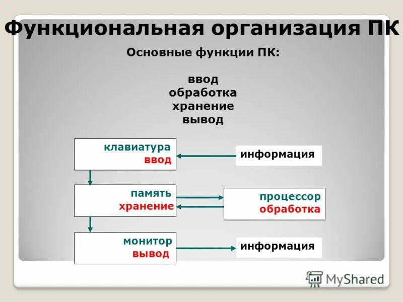 Функциональная организация движений. Ввод вывод хранение обработка информации. Функциональная организация компьютера. Схема организации ввода вывода информации в компьютер.