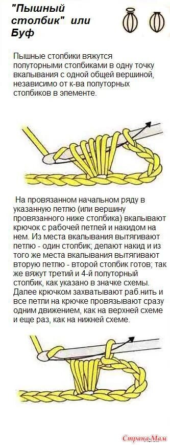 Как вязать крючком столбики с вершиной. Пышный столбик из 3 полустолбиков. пышный столбик из 2 столбиков с накидом. пышный столбик крючком из 5 столбиков с накидом. пышный столбик из трех полустолбиков.