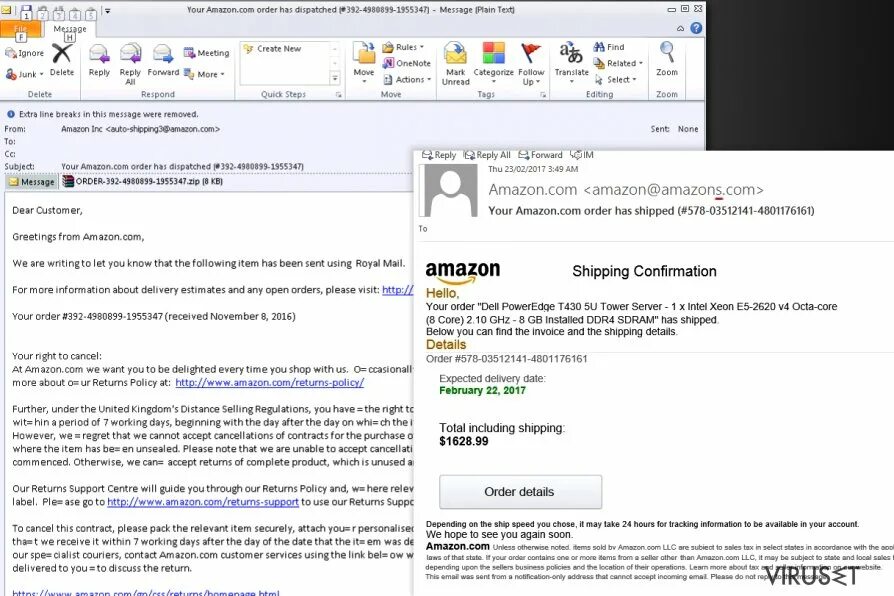 Электронное письмо с вирусом. Amazon email. The order has been shipped. Order confirmation email Amazon.