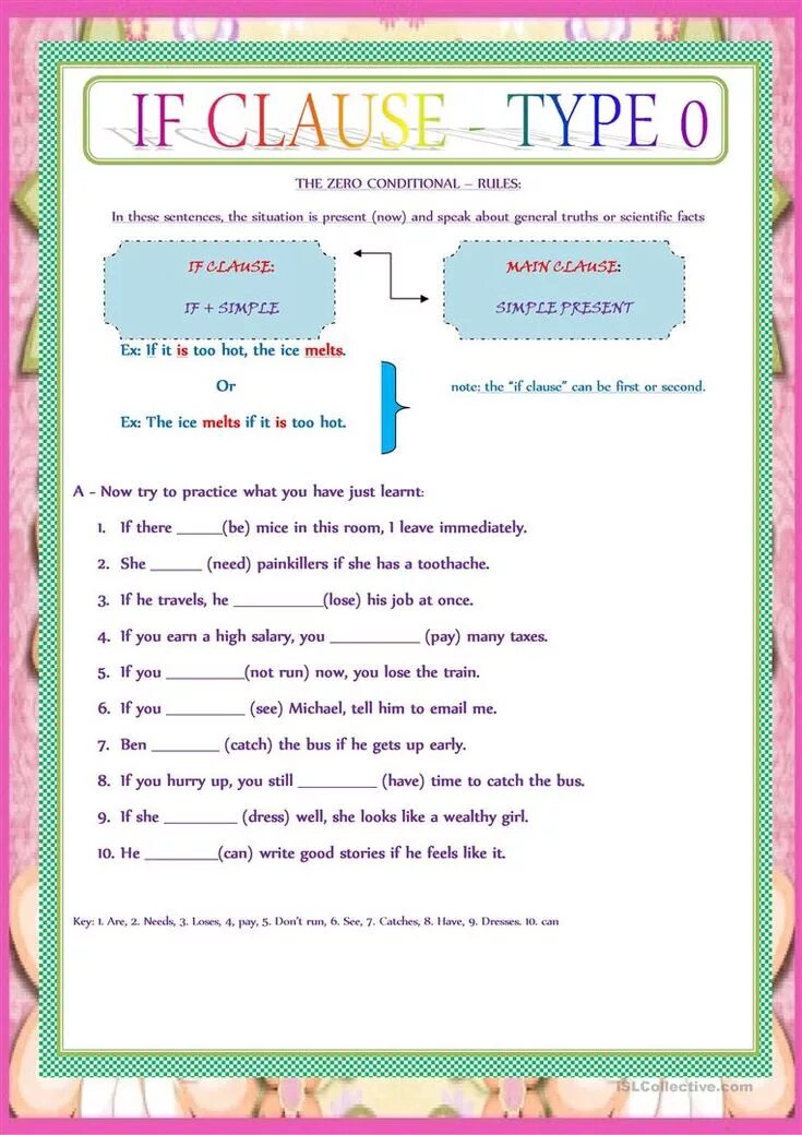 Keys to exercises. Conditionals в английском языке Worksheets. Conditional 0 упражнения. Zero conditional упражнения. Conditional 1 упражнения.