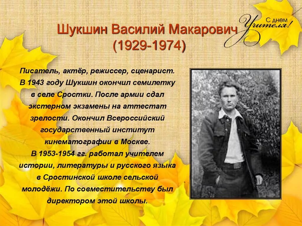 Шукшин окончил семилетку. Шукшин учитель. Учителя ставшие писателями