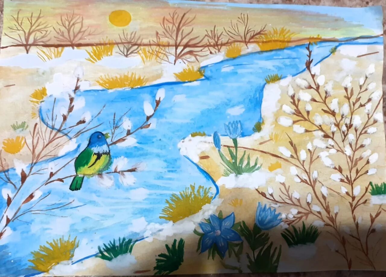 Рисунок на весеннюю тематику. Весенний пейзаж для детей. Рисуем весну. Весенние рисунки для детей.