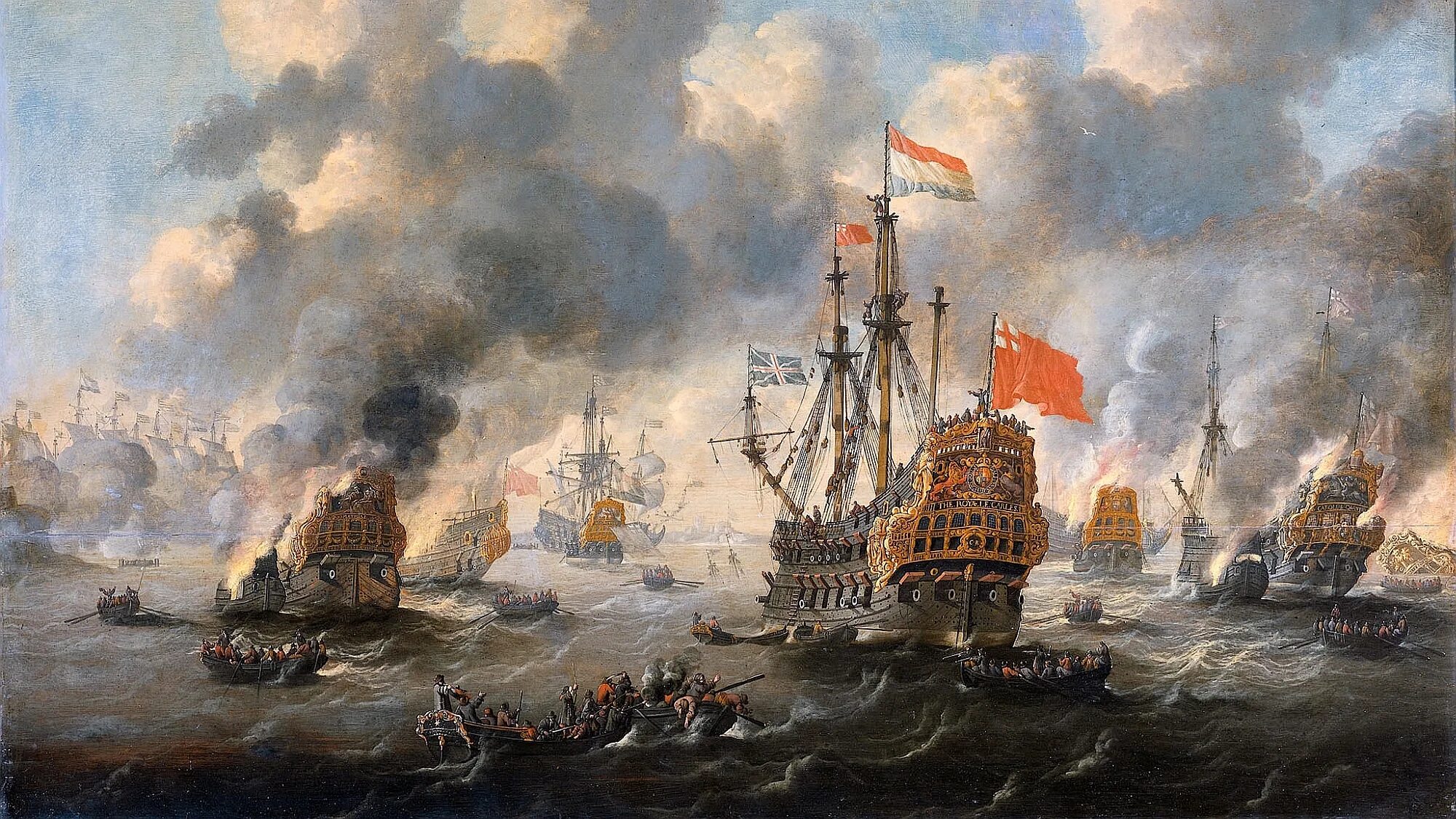 Французы и голландцы. Виллем Ван де младший Вельде пушечный залп. Картины Ван де Вельде морские битвы. Сражение при Гренгаме. Брандеры в Чесменском сражении.