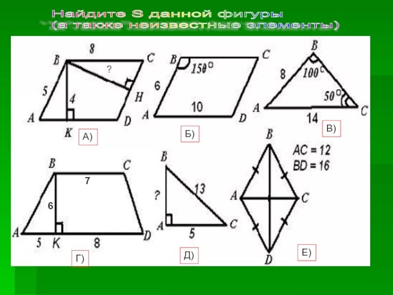 Самостоятельная работа площади многоугольников. Площадь многоугольника. задачи по геометрии 8 класс по теме площади многоугольников. задачи на площади фигур 8 класс. площадь по готовым чертежам.