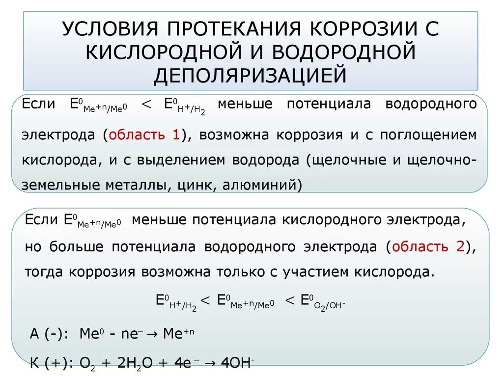 Механизм электрохимической коррозии с кислородной деполяризацией. Коррозия металлов с кислородной деполяризацией. Условия коррозии с кислородной и водородной деполяризацией. Коррозия с водородной деполяризацией. Протекание коррозии