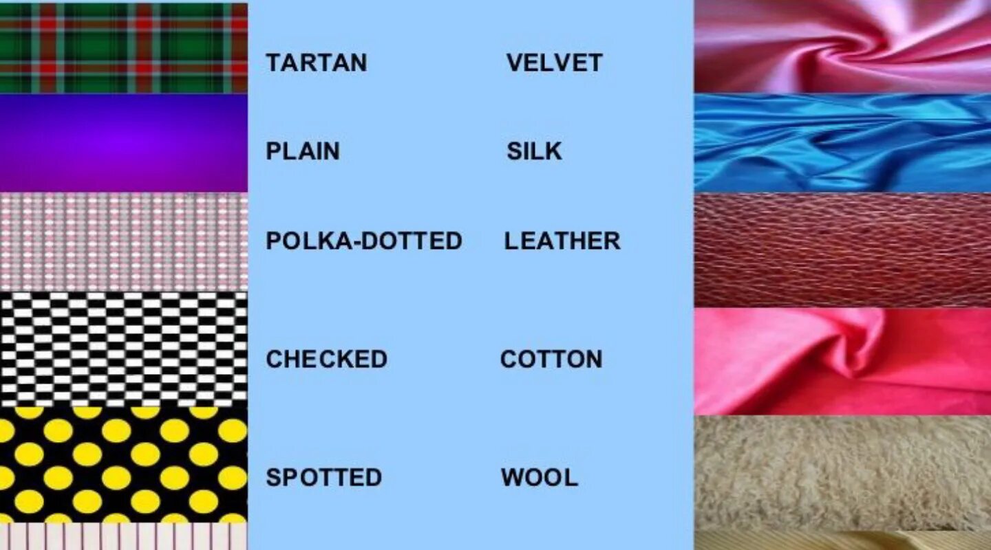 What kind of clothes materials colours patterns