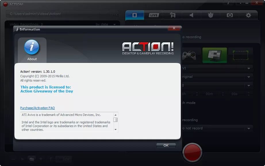 Показать информацию видео. Mirillis Action. Программа для записи Mirillis. Action 1. Экшен программа.