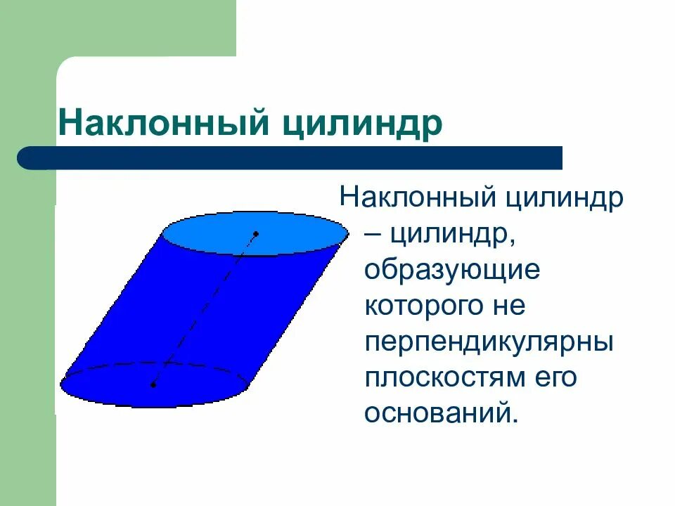 Образующие цилиндра перпендикулярны основанию. Наклонный цилиндр. наклонный круговой цилиндр. образующая наклонного цилиндра. косой цилиндр.