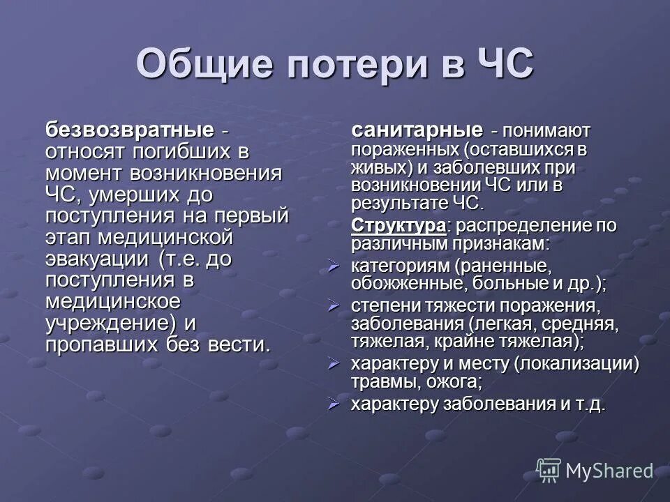 Какая потеря какая утрата. Виды потерь при ЧС. Общие потери при ЧС это. Общие потери населения при ЧС подразделяются на. Безвозвратные и санитарные потери.