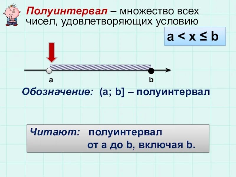 Интервал полуинтервал. Отрезок интервал полуинтервал. Полуинтервал это в математике. Полуинтервал пример.