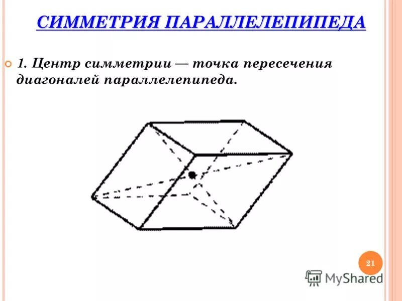 Пересекающиеся в параллелепипеде. Ось симметрии прямоугольного параллелепипеда. Центр симметрии параллелепипеда. Симметрия в параллелепипеде. Осевая симметрия параллелепипеда.