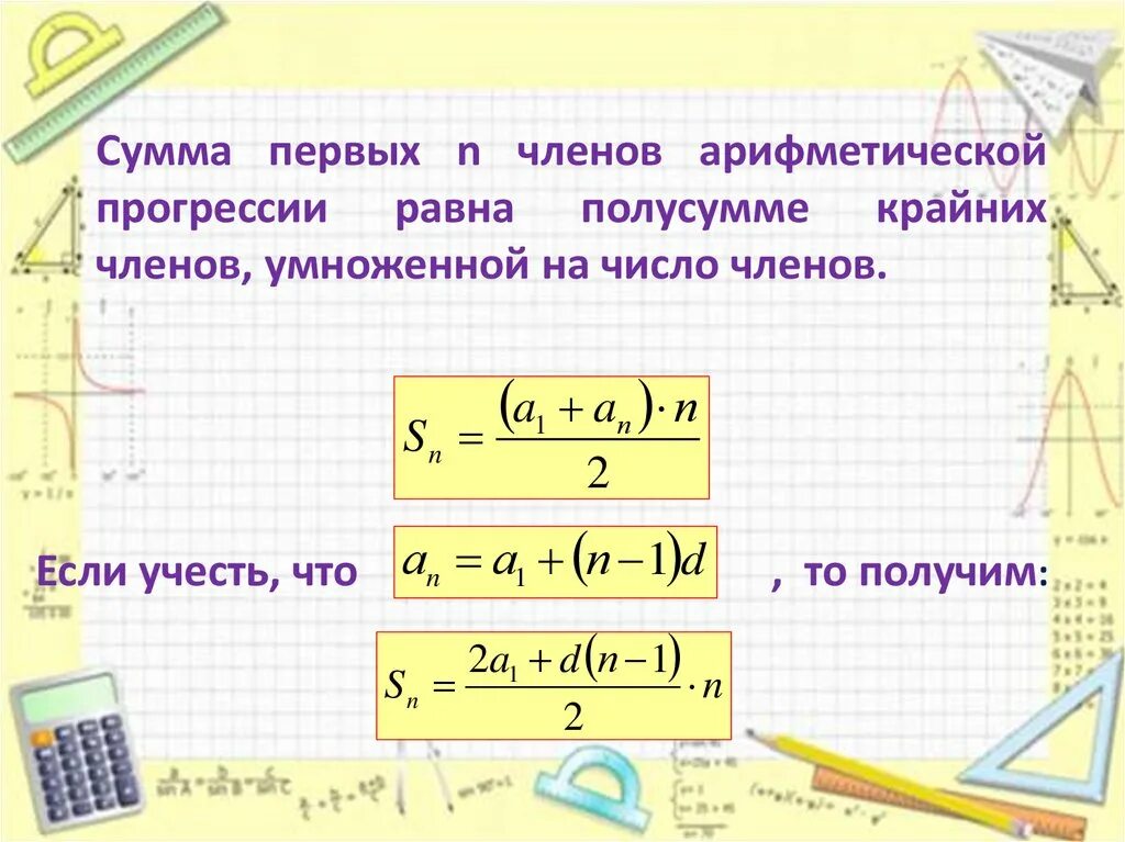 Вычислите сумму первых девяти членов арифметической. Сумма первых n членов арифметической прогрессии. Сумма первых н членов арифметической прогрессии. Сумма всех членов арифметической прогрессии. Формула суммы первых n чисел арифметической прогрессии.