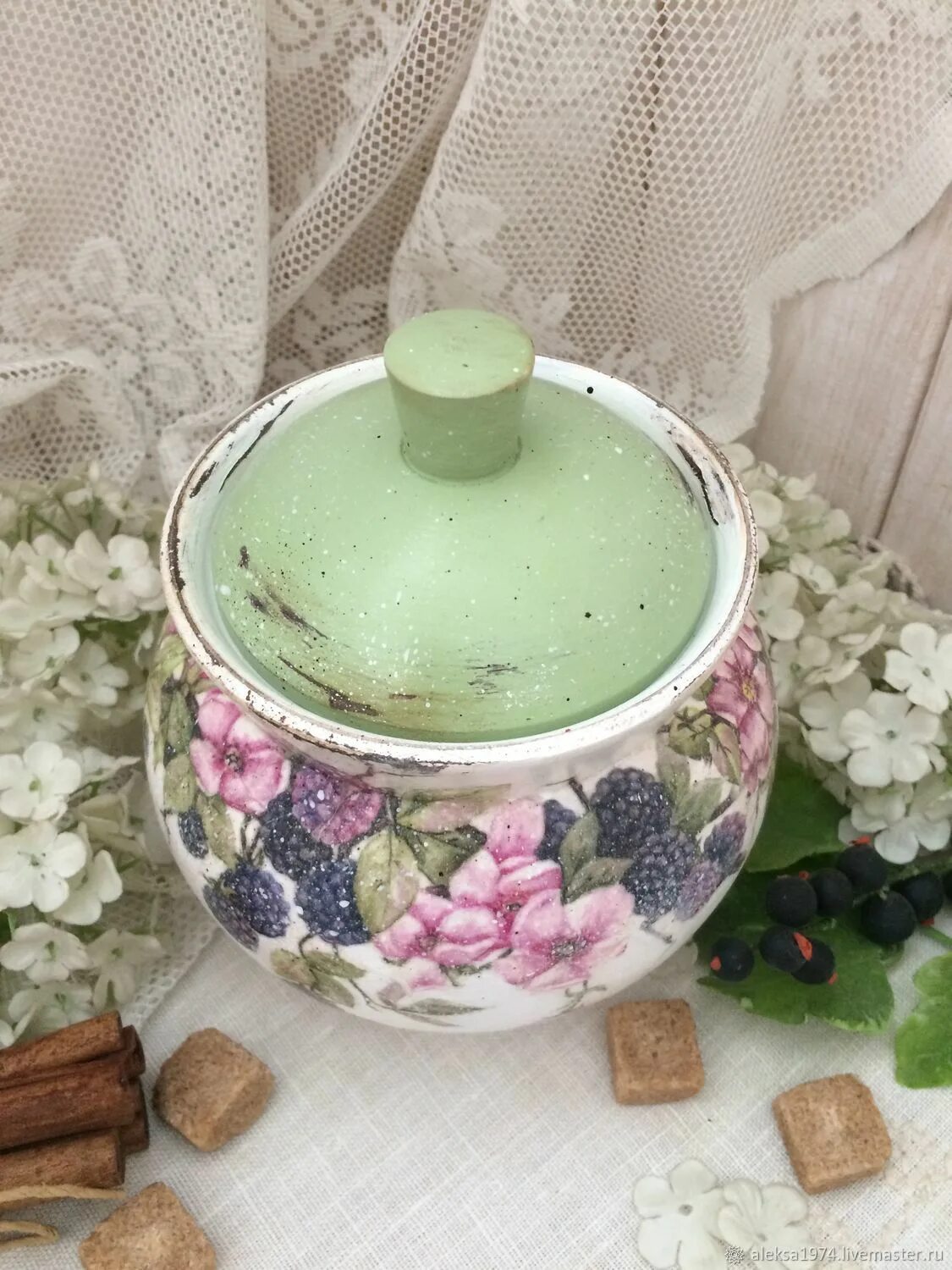 банки горшочек. баночки горшочки. банки горшочек. горшочки декупаж. сахарница-лето.