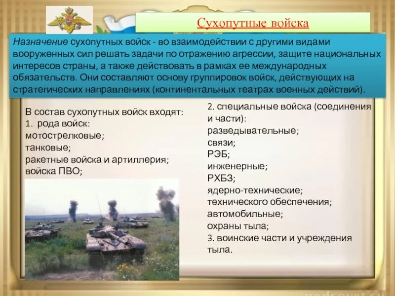 Какое основное предназначение. Предназначение сухопутных войск вооруженных сил рф. рода сухопутных войск вооруженных сил рф. задачи сухопутных вс рф. структура сухопутных войск рф обж.