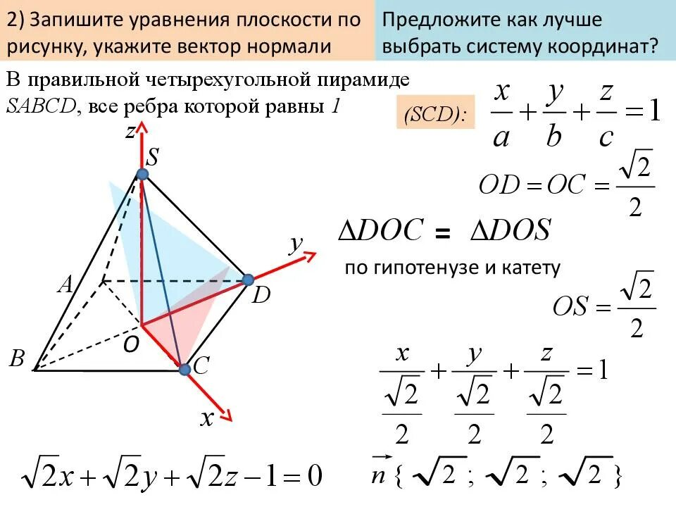 Координаты правильной четырехугольной пирамиды. Плоскость через точку и нормаль. Как вычислить нормаль к плоскости. Уравнение плоскости грани пирамиды. Плоскость проходящая через начало координат