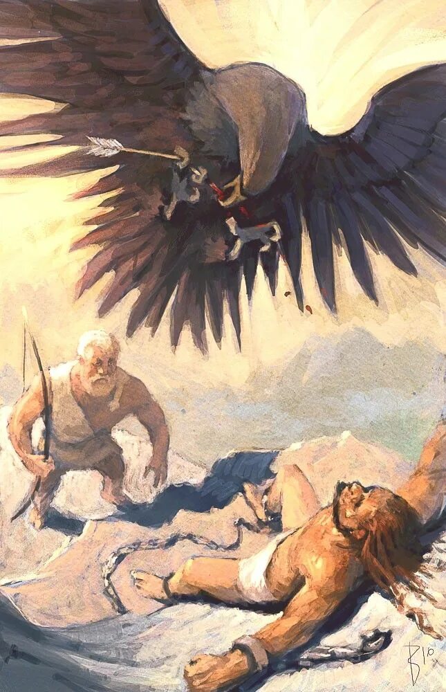 Кому орел клевал печень. Прометей и Геракл. Геракл спасает Прометея. Геракл освобождает Прометея. Миф про Прометея Орел.