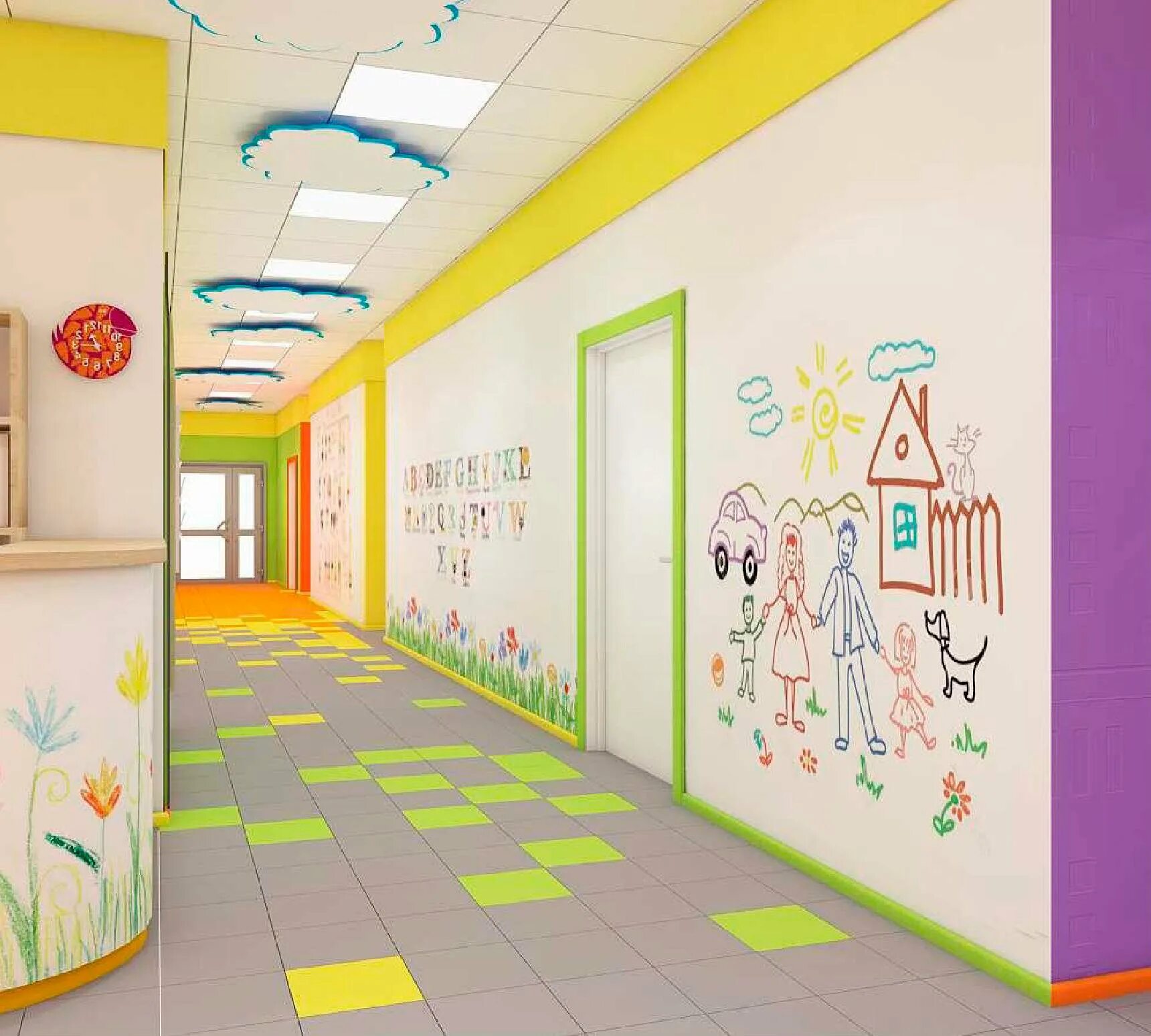Украшение холла в детском саду. Интерьер коридора в детском саду. Стены холла в детском саду. Украшение коридора в детском саду.