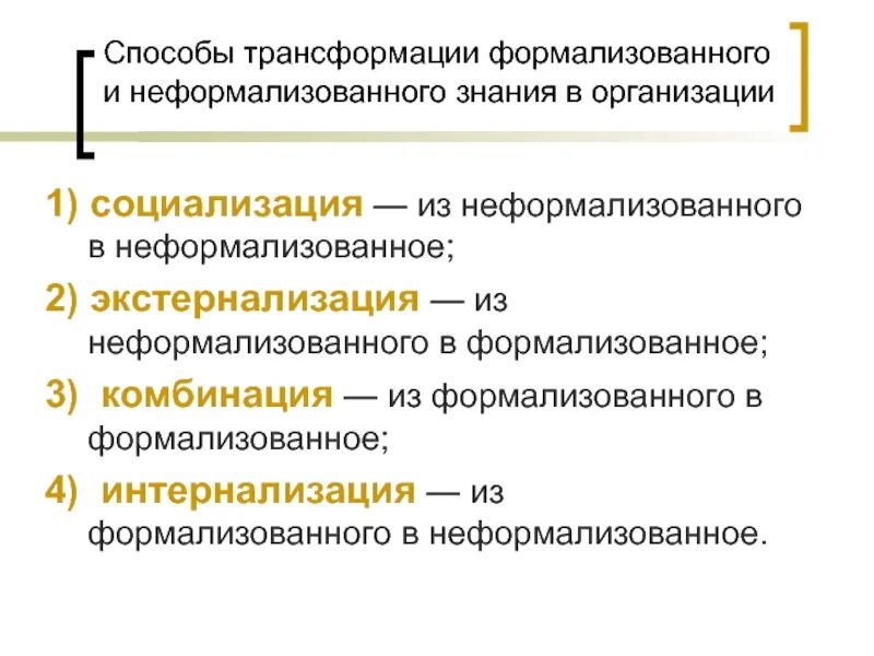 Трансформация методов управления. Способы трансформации. • метод трансформации (превращения). трансформация знаний. формализованные и неформализованные знания.