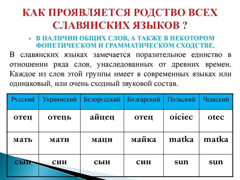 Славянские языки. Различия славянских языков. Родственные языки славянскому. Примеры родства славянских языков. Славянская лексика