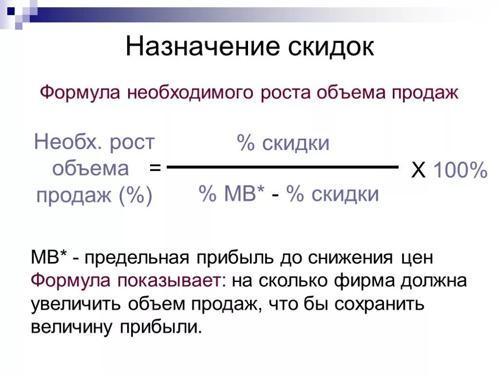 Какова максимальная скидка. Формула увеличения объема продаж. Формула необходимый рост объема продаж. Рост объема продаж формула. Объем реализации продаж формула.