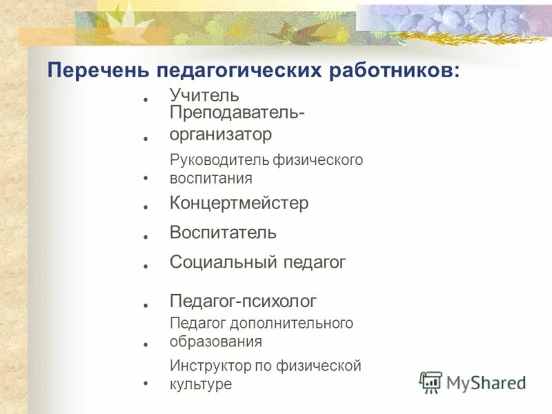 перечень педагогических должностей