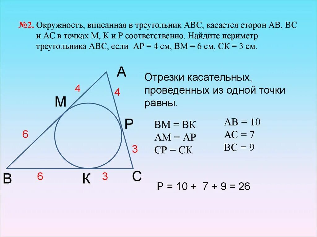 Нахождение вписанной окружности в треугольник. Окружность вписанная в треугольник. Периметр треугольника вписанного в окружность. Вписанная окружность в треугольник задачи.