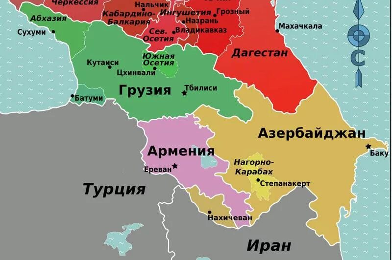 Политическая карта кавказа. Государства входящие в кавказ. Северный кавказ и южный кавказ на карте. Политическая карта северного кавказа. Северный кавказ на карте.