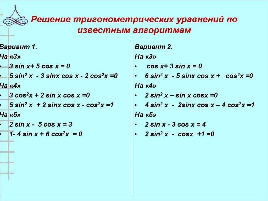 Решить уравнение 1 3 2cos x. Решить уравнение sin^2( 2x) + cos^2(5x)=0. Решение тригонометрических уравнений. Тригонометрические уравнения cosx=0, 1, -1. Формулы решения элементарных тригонометрических уравнений.