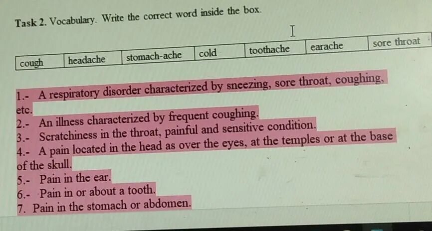 Close the correct words. Vocabulary for writing task 2. Write the Words in the correct Box перевод. Inside Word.