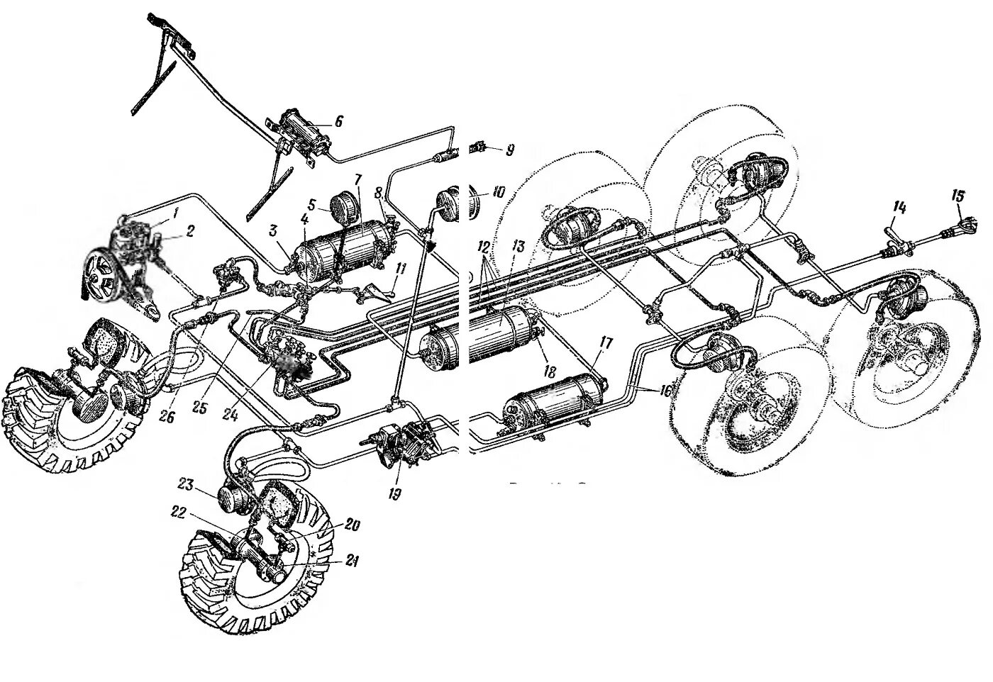Тормозная автомобиля урал. ЗИЛ 131 тормозная система пневматическая. Пневматический привод тормозная система ЗИЛ 131. Тормозная система автомобиля ЗИЛ 131. ЗИЛ 131 тормозная система пневматическая схема.