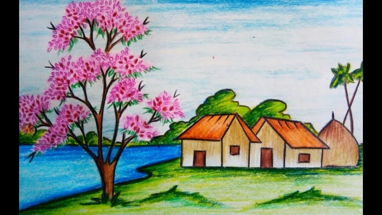 Рисунок весны цветными карандашами. Пейзажи для рисования. Пейзаж цветными карандашами для детей. Легкие пейзажи. Пейзаж легкий.
