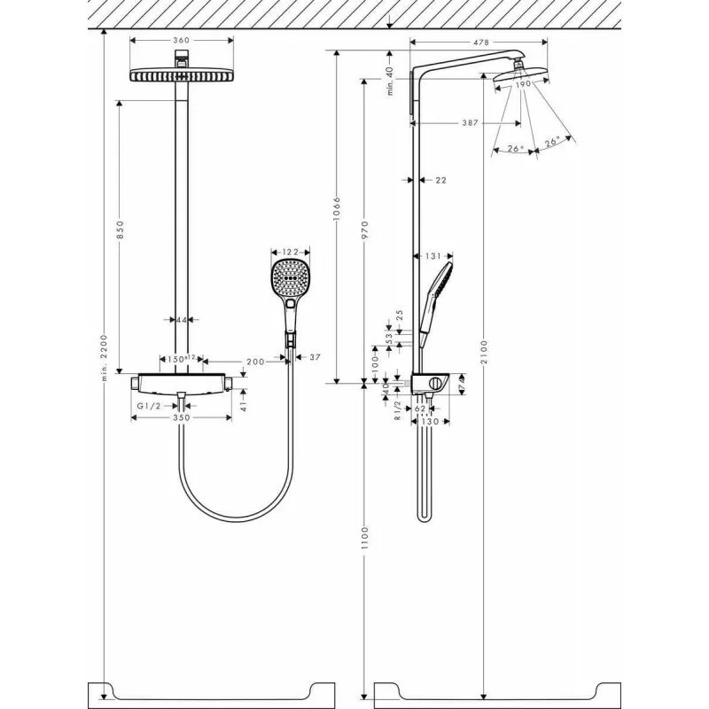 Высота штанги душа. Showerpipe 360 1jet. Душевая система Hansgrohe Raindance select e 360 Showerpipe. Raindance e Showerpipe 360 1jet термостат. Душевая стойка Hansgrohe Raindance select e 360 Showerpipe 27112400.