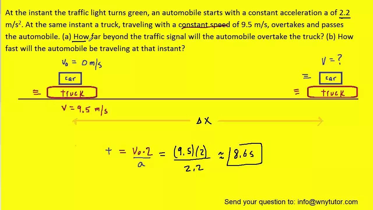 At the same speed. Car stops at the traffic lights.