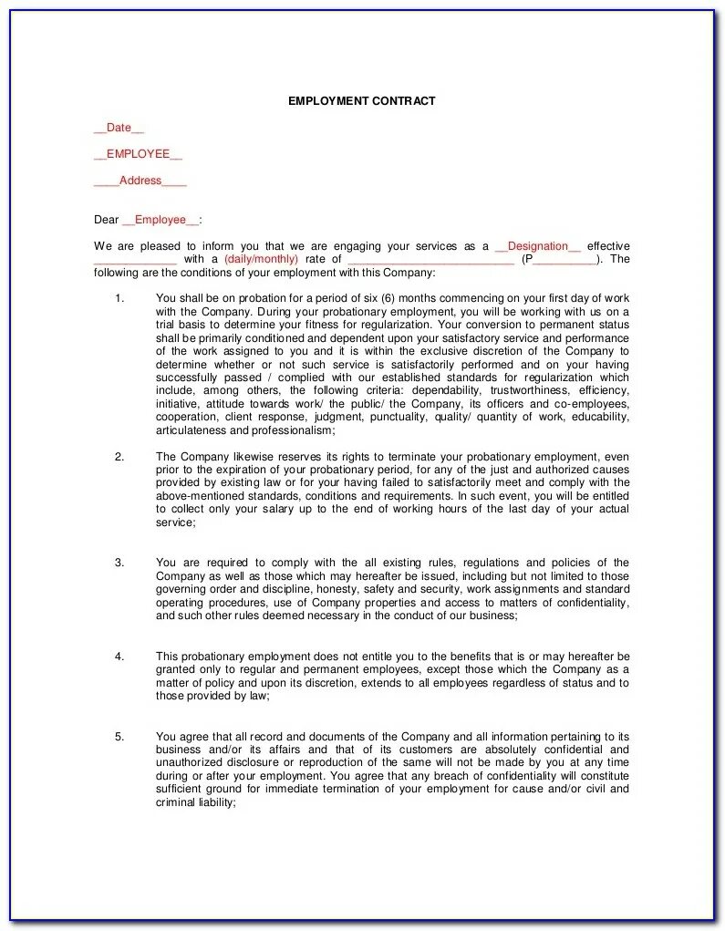 Contract dated. Probationary employment contract. contract of employment date. employee probation period. probationary period.