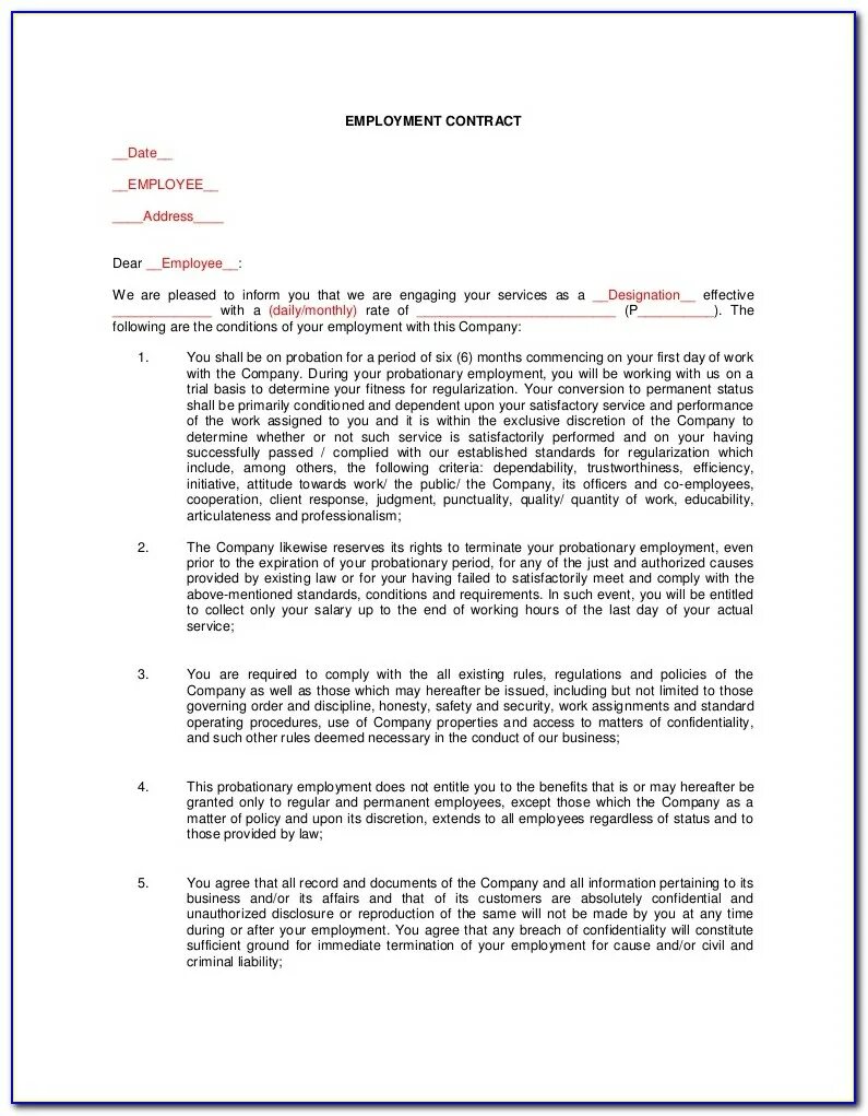 Contract dated. Probationary Employment Contract. Contract of Employment Date. Employee probation period. Probationary period.