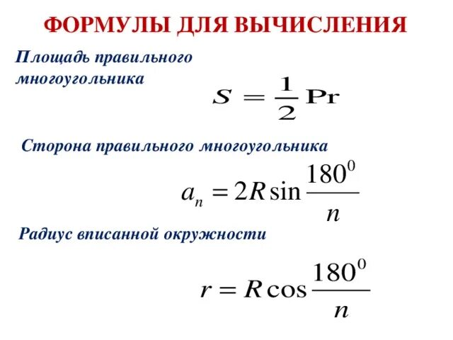 Нахождение сторон правильного многоугольника. Формулы площади правильных многоугольников 9 класс. Формулы для вычисления площади правильного многоугольника 9 класс. Геометрия 9 класс формула площади правильного многоугольника. Формулы для вычисления правильных многоугольников 9 класс.