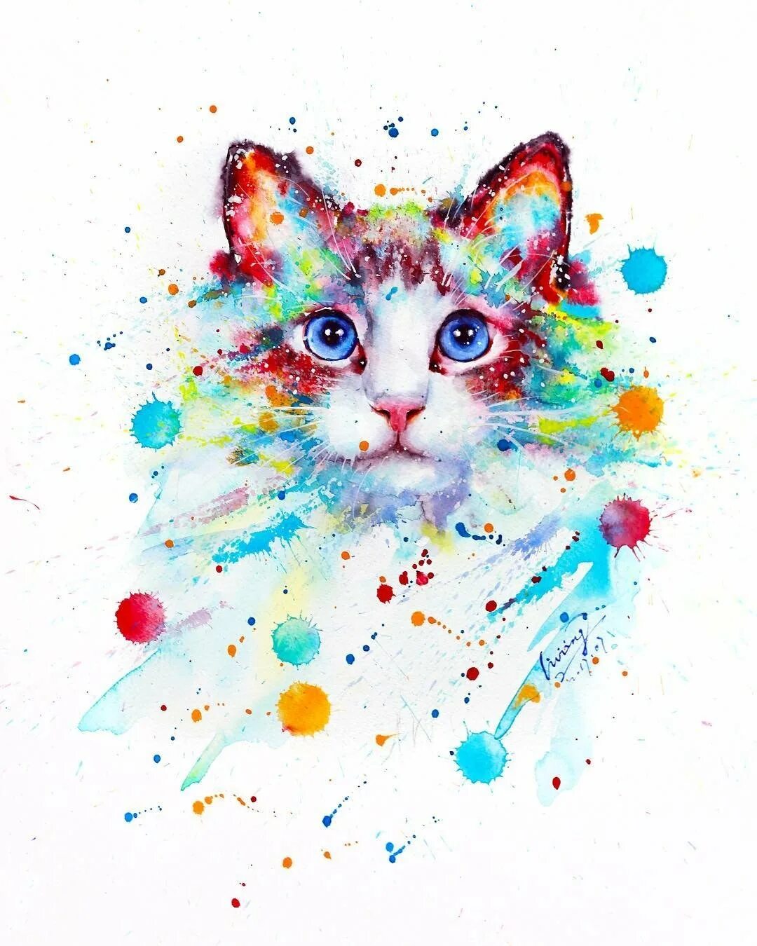 Кот рисунок цветной. Акварельные животные. Разноцветный кот. Акварельные кошки. Котики акварелью.