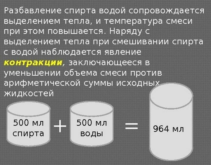 Сколько спирта содержится. Смешивание спирта с водой. Контракция спирта и воды. Объем при смешивании спирта и воды. Формула смешения спирта с водой.