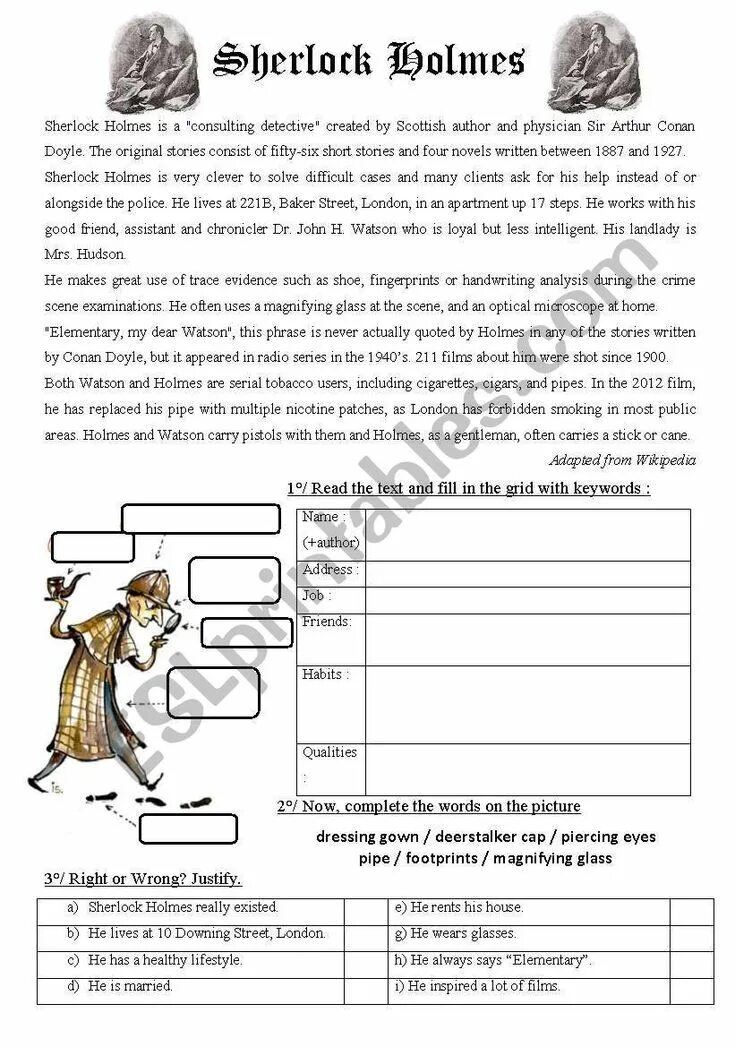 Выберите правильную форму прилагательного sherlock holmes was. Задания sherlock holmes. detective story worksheet.