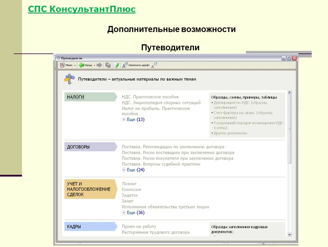 Спс КОНСУЛЬТАНТПЛЮС. В спс КОНСУЛЬТАНТПЛЮС путеводители. Возможности спс КОНСУЛЬТАНТПЛЮС. Дополнительные возможности спс.