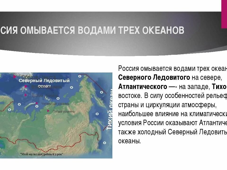 Какое море омывает побережье россии. Россия омывается водами. Россия омывается водами 3 океанов. Территория России омывается водами трёх океанов. Три океана омывающие Россию.